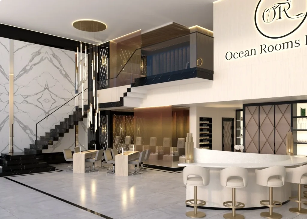 Ocean Rooms — marble detail, commercial interior by Matthews Rea